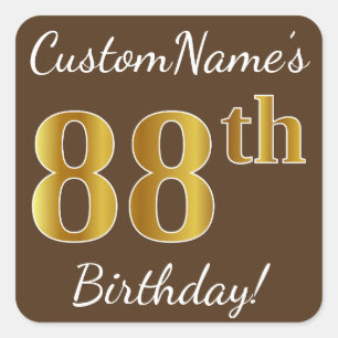 Pegatina Cuadrada Brown, Faux Gold 88th Birthday + Custom Name