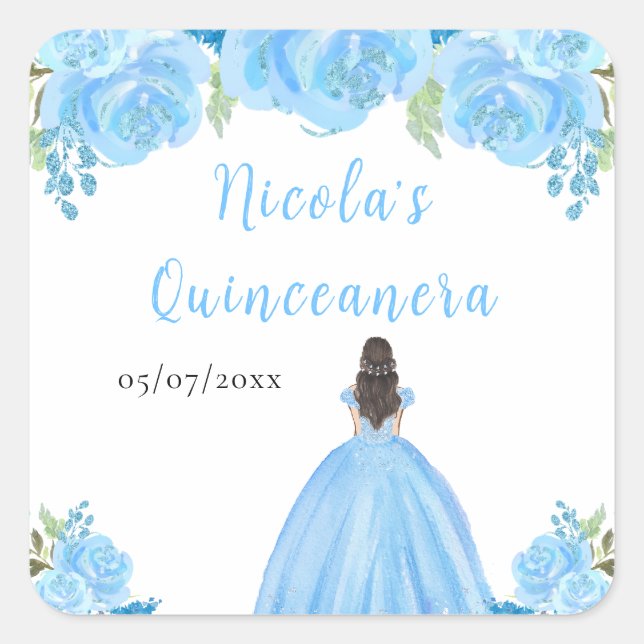 Pegatina Cuadrada Brown Hair Princess Blue Floral Quinceanera (Anverso)