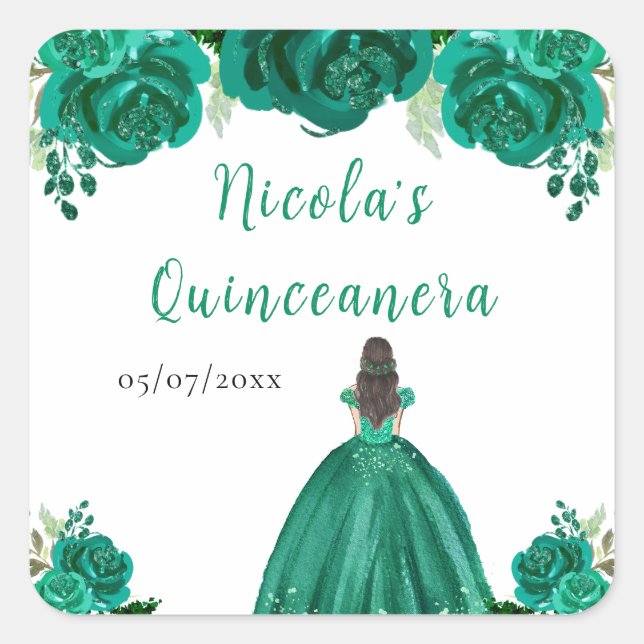 Pegatina Cuadrada Brown Hair Princess Green Floral Quinceanera (Anverso)