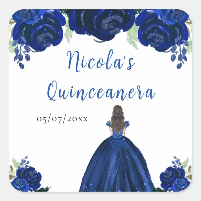 Pegatina Cuadrada Brown Hair Princess Navy Floral Quinceanera (Anverso)