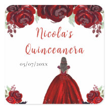 Brown Hair Princess Red Floral Quinceanera