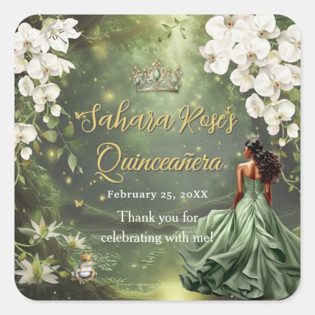 Pegatina Cuadrada Brown Princess and Frog Sage Green Quinceanera 16 (Anverso)
