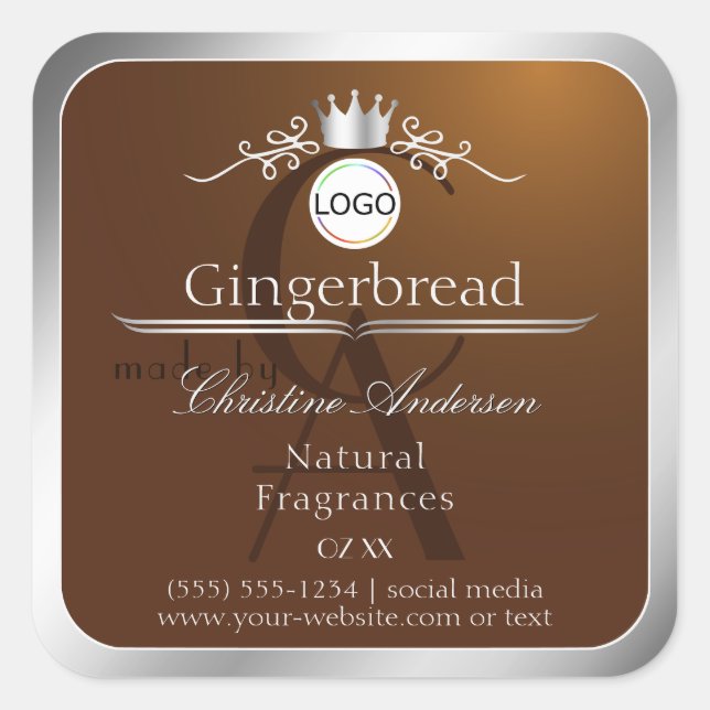 Pegatina Cuadrada Brown Product Label Silver Frame Logo and Monogram (Anverso)
