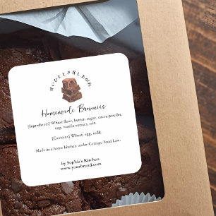 Pegatina Cuadrada Brownie Acuarela Minimalista Panadería Ingrediente