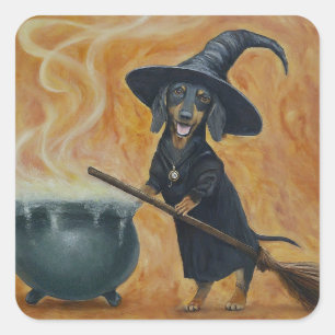 Pegatina Cuadrada Bruja adorable de Dachshund