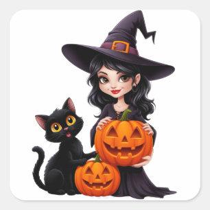 Pegatina Cuadrada Bruja Adorable Gato Negro Calabaza Halloween 🧙‍♀️
