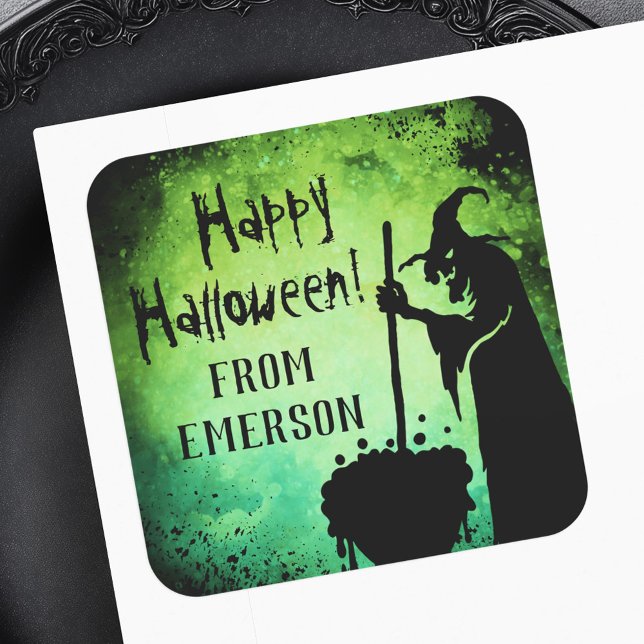 Pegatina Cuadrada Bruja cauldron gren negro Happy Halloween Sq (Witch witch cauldron gren black Happy Halloween Square Sticker)