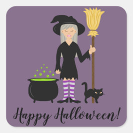 Pegatina Cuadrada Bruja Con Un Gato & Feliz Halloween Texto