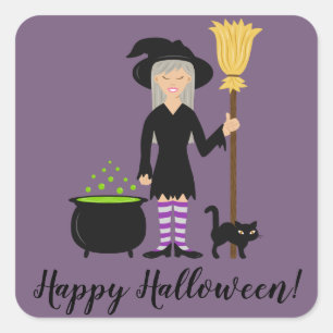 Pegatina Cuadrada Bruja Con Un Gato & Feliz Halloween Texto