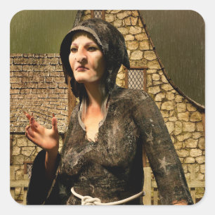 Pegatina Cuadrada Bruja de fantasía pueblo medieval Halloween