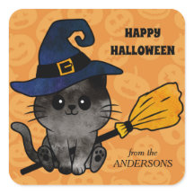 Bruja de gato lindo y escoba Halloween