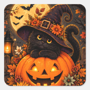 Pegatina Cuadrada Bruja de Gato Negro Calabaza de Halloween Otoño Cu