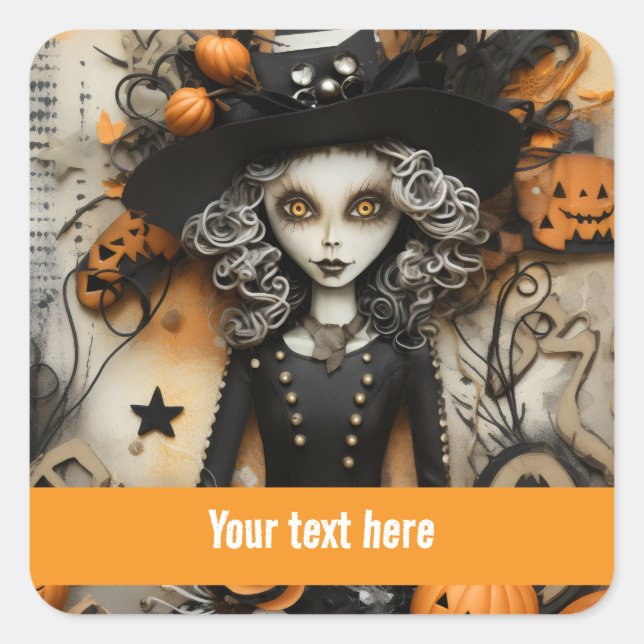 Pegatina Cuadrada Bruja de Halloween (Anverso)