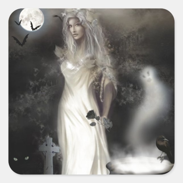 Pegatina Cuadrada Bruja de Halloween (Anverso)