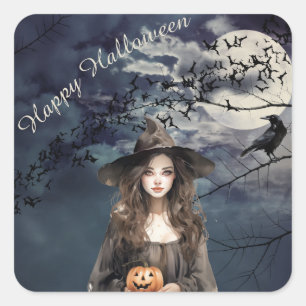 Pegatina Cuadrada Bruja de Halloween a la luz de la luna