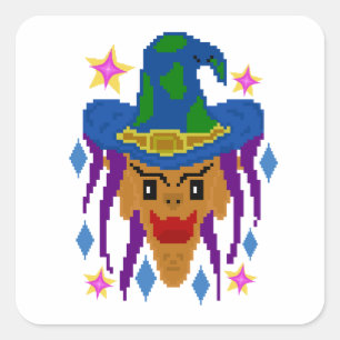Pegatina Cuadrada Bruja de Halloween con Escoba – Arte Pixel