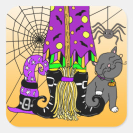 Pegatina Cuadrada Bruja de Halloween, gato, araña y broomstick