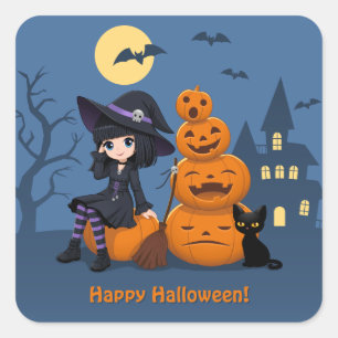 Pegatina Cuadrada Bruja de Halloween, gato negro y calabazas