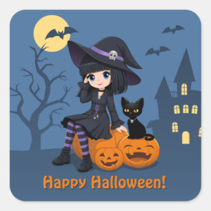 Pegatina Cuadrada Bruja de Halloween, gato negro y calabazas curvas