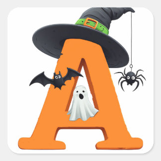 Pegatina Cuadrada Bruja de Halloween Letra A Caldera Escoba 🎃