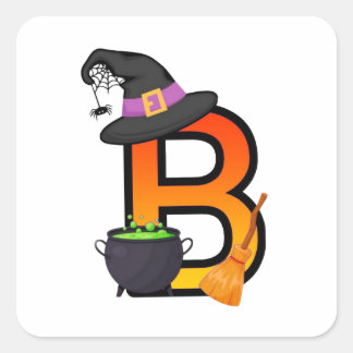 Pegatina Cuadrada Bruja de Halloween Letra B Caldera Sombrero 🎃