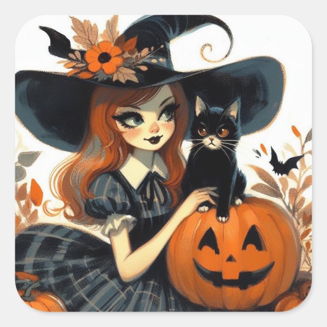 Pegatina Cuadrada Bruja de Halloween retro y gato negro fanático (Anverso)