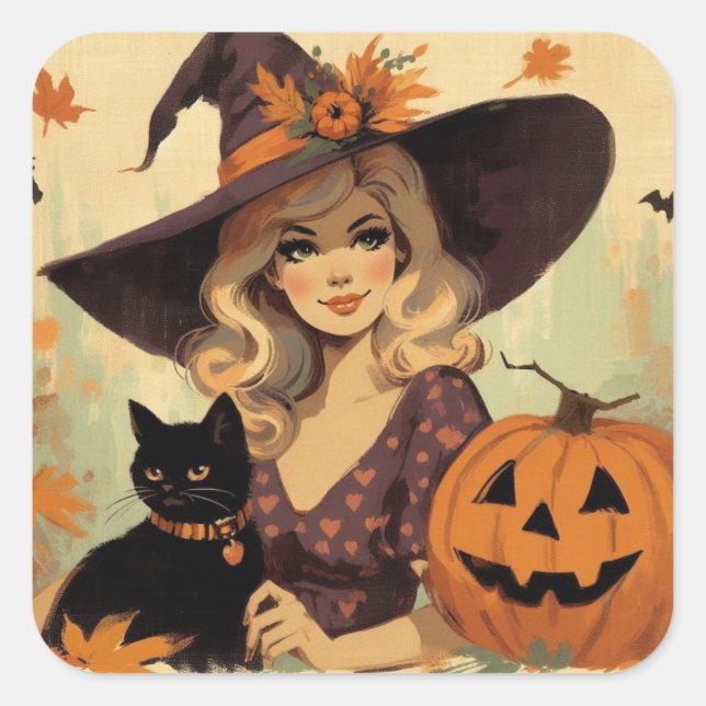 Pegatina Cuadrada Bruja de Halloween retro y gato negro fanático (Anverso)