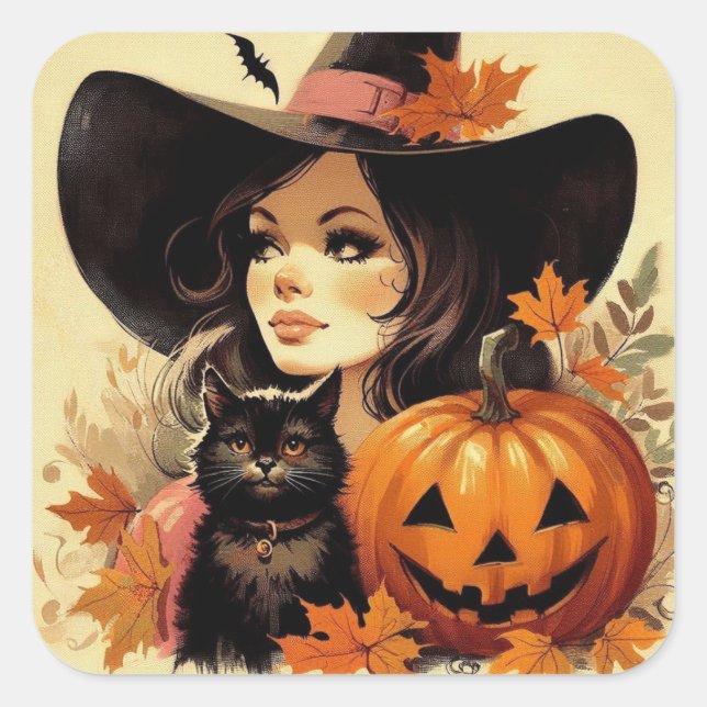 Pegatina Cuadrada Bruja de Halloween retro y gato negro fanático (Anverso)