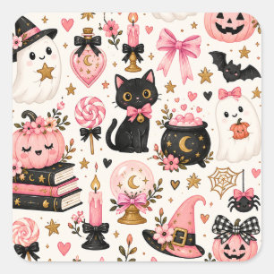 Pegatina Cuadrada Bruja de Halloween Rosa Fantasmas Lindos Gato Negr