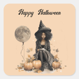 Pegatina Cuadrada Bruja de Halloween y globo lunar completo