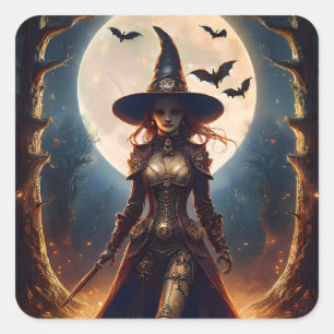 Pegatina Cuadrada Bruja del Bosque Steampunk de Halloween