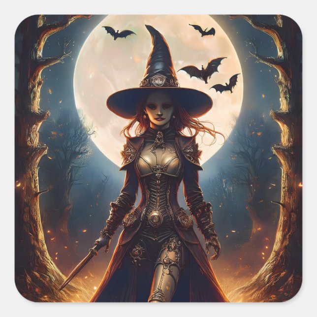 Pegatina Cuadrada Bruja del Bosque Steampunk de Halloween (Anverso)