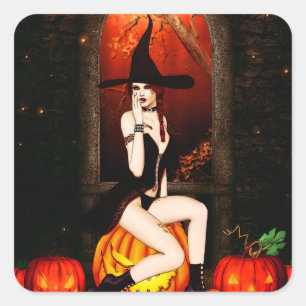 Pegatina Cuadrada Bruja del trono de calabaza