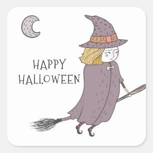 Pegatina Cuadrada Bruja En Broomstick Volador Feliz Halloween