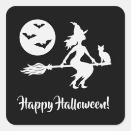 Pegatina Cuadrada Bruja En Una Escoba Negra Y Blanca Feliz Halloween