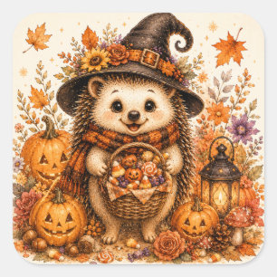 Pegatina Cuadrada Bruja Erizo Lindo Calabazas de Halloween Otoño