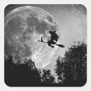 Pegatina Cuadrada Bruja Espeluznante en Escoba Fiesta de Luna Llena 