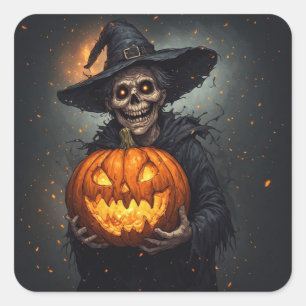 Pegatina Cuadrada Bruja Esqueleto Con Calabaza Brillante Halloween �