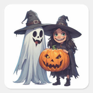 Pegatina Cuadrada Bruja Fantasma Calabaza Halloween Cute 🎃