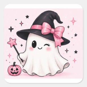 Pegatina Cuadrada Bruja Fantasma Coqueta con Lazo Rosa de Halloween
