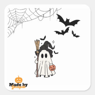 Pegatina Cuadrada Bruja fantasma de Halloween con cuarto y calabaza