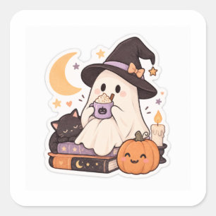 Pegatina Cuadrada Bruja Fantasma Halloween