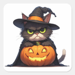 Pegatina Cuadrada Bruja Gata Gruñona Y Jack O Linterna Halloween 🦇