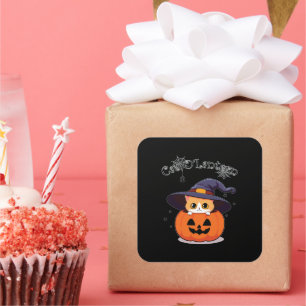 Pegatina Cuadrada Bruja Gata Pelirroja Linda con Jack-O-Lantern de H