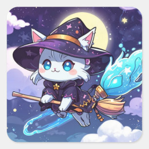 Pegatina Cuadrada Bruja Gatito Chibi Volando en Cielo Estrellado – M
