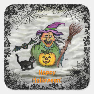 Pegatina Cuadrada Bruja, Gato, Barba y Calabaza , Feliz Halloween!