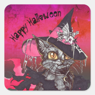 Pegatina Cuadrada Bruja Gato Feliz Halloween