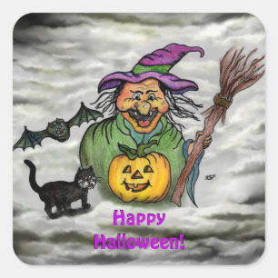 Pegatina Cuadrada Bruja, gato, murciélago y calabaza, ¡Feliz Hallowe