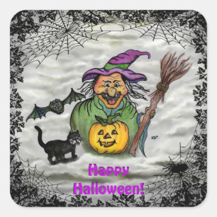 Pegatina Cuadrada Bruja, gato, murciélago y calabaza, ¡Feliz Hallowe