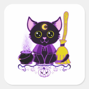 Pegatina Cuadrada Bruja Gato Negro Cute de Halloween